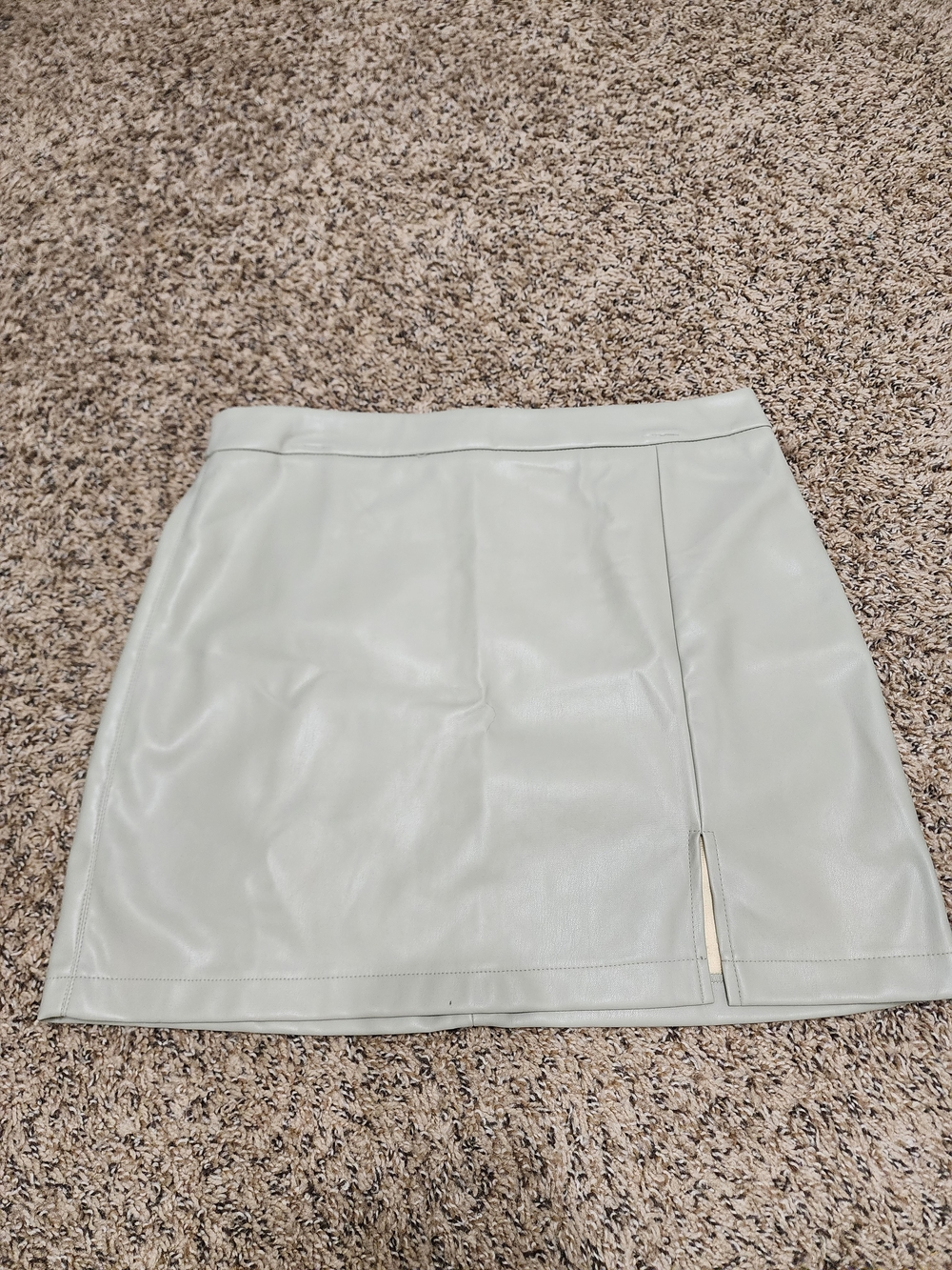 Shinestar Faux Leather Mini Skirt in Sage Green with Front Slit